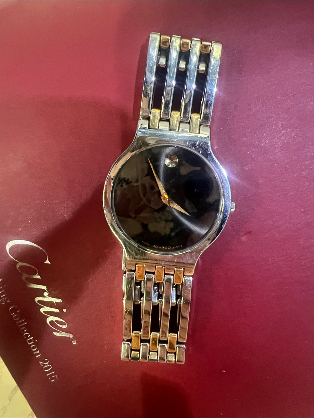 Movado Two-Tone Silver and Gold Bracelet Watch with Black Dial